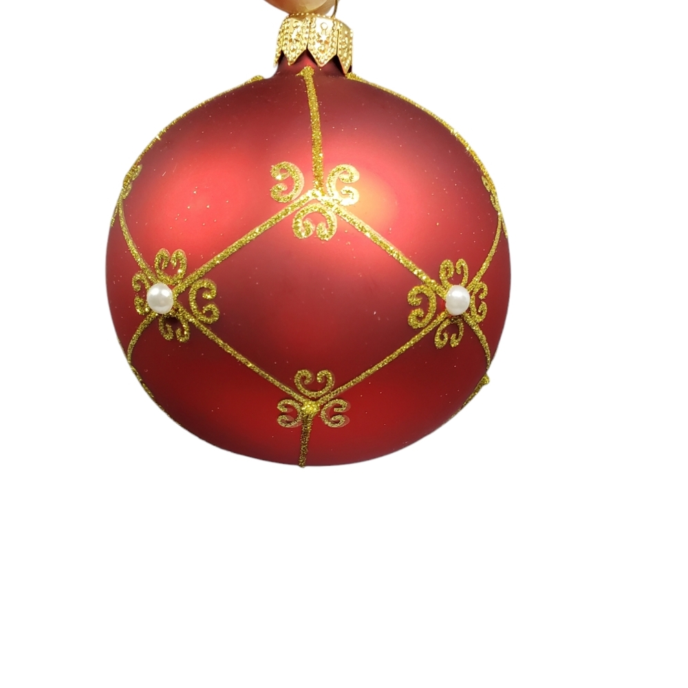 Vitbis Red With Gold Glittery Lattice Pearl Glass Christmas Ornaments 3โ Set 4 - Picture 3 of 9